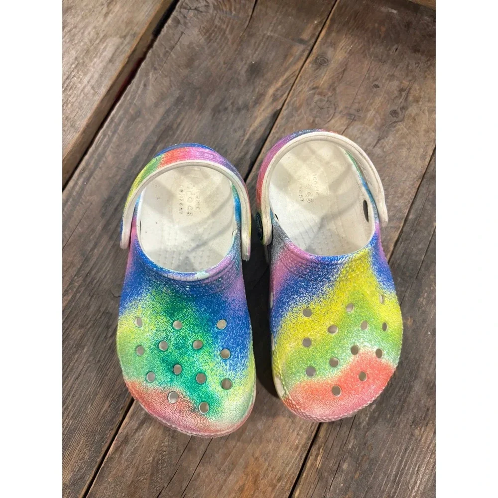 Crocs Toddler Classic Clog Rainbow Tie Dye‎ Slide Shoes Size 8